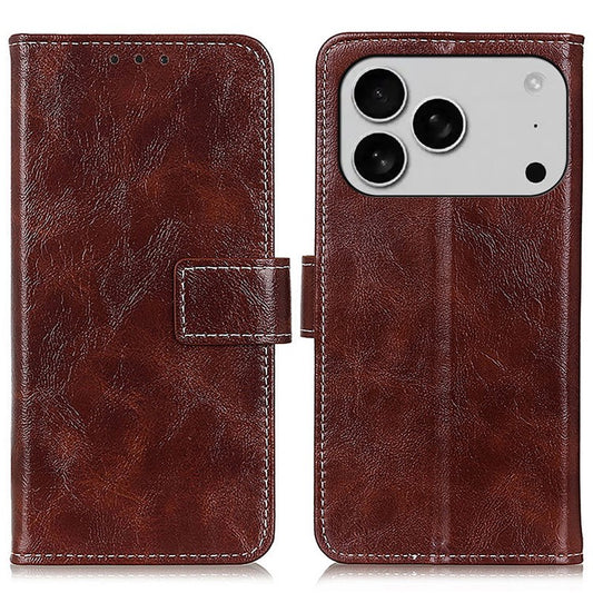 For iPhone 17 Pro Case Wallet Leather Phone Cover Crazy Horse Texture - Brown