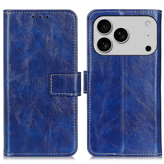 For iPhone 17 Pro Case Wallet Leather Phone Cover Crazy Horse Texture - Blue
