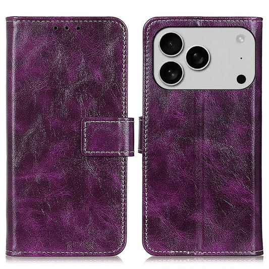For iPhone 17 Pro Case Wallet Leather Phone Cover Crazy Horse Texture - Purple
