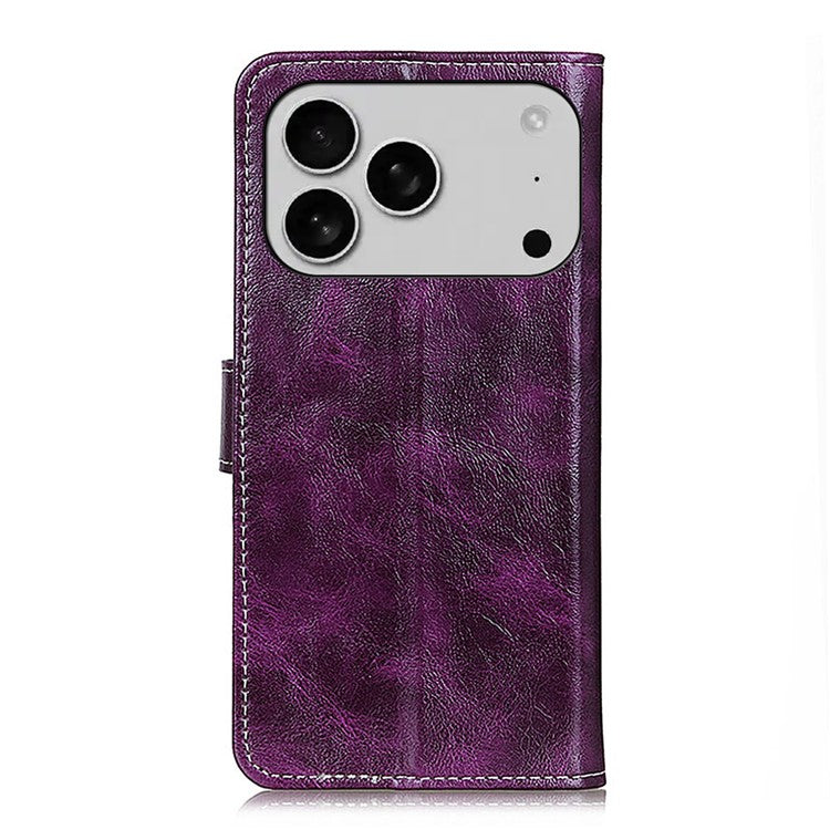 For iPhone 17 Pro Case Wallet Leather Phone Cover Crazy Horse Texture - Purple