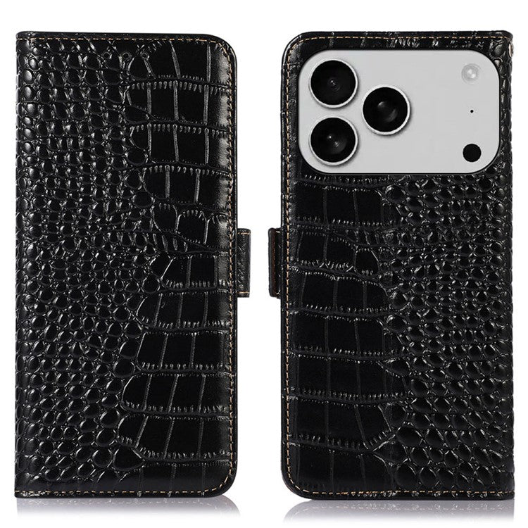 For iPhone 17 Pro Case Crocodile Texture Genuine Cow Leather Phone Wallet Cover - Black
