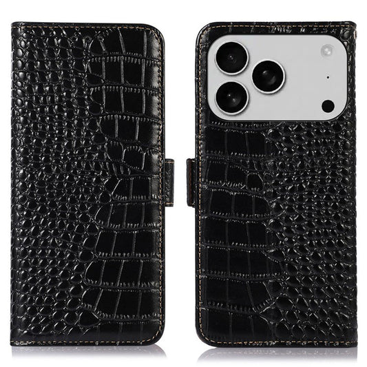 For iPhone 17 Pro Case Crocodile Texture Genuine Cow Leather Phone Wallet Cover - Black