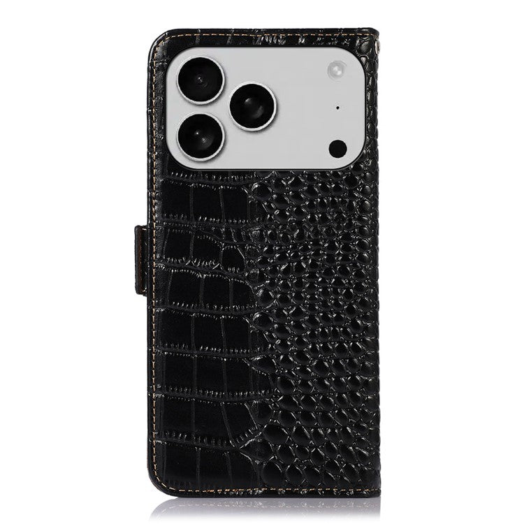 For iPhone 17 Pro Case Crocodile Texture Genuine Cow Leather Phone Wallet Cover - Black