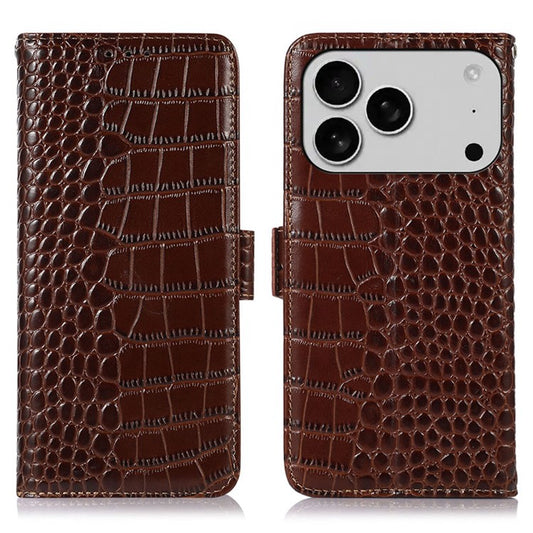 For iPhone 17 Pro Case Crocodile Texture Genuine Cow Leather Phone Wallet Cover - Brown