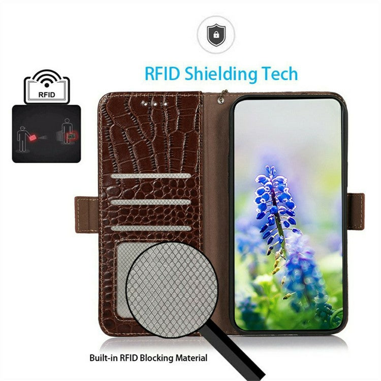 For iPhone 17 Pro Case Crocodile Texture Genuine Cow Leather Phone Wallet Cover - Brown