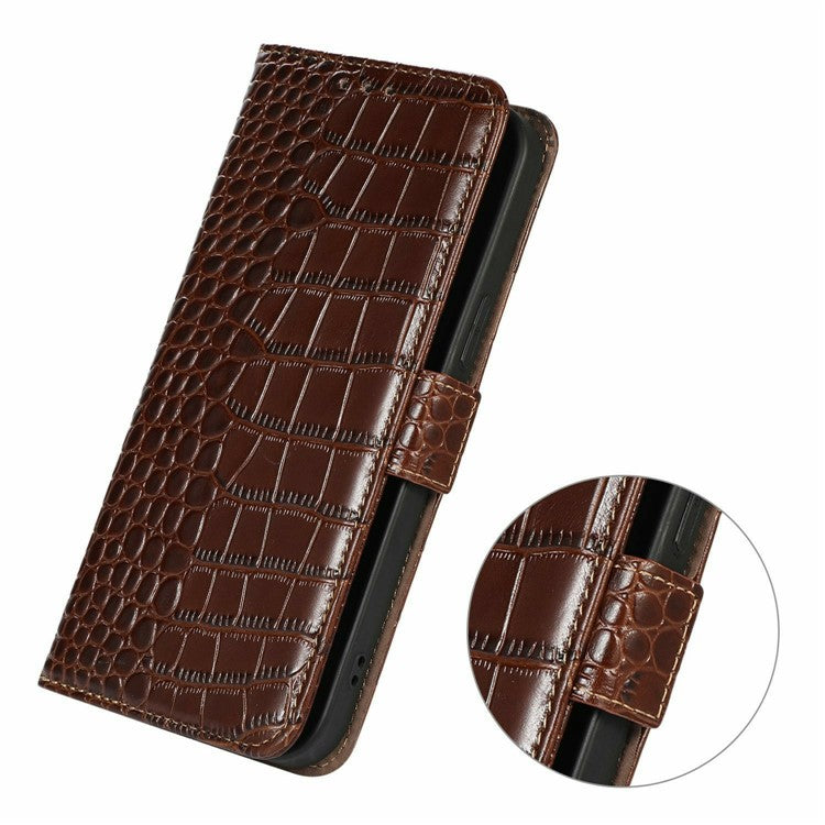 For iPhone 17 Pro Case Crocodile Texture Genuine Cow Leather Phone Wallet Cover - Brown