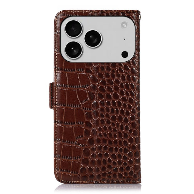 For iPhone 17 Pro Case Crocodile Texture Genuine Cow Leather Phone Wallet Cover - Brown