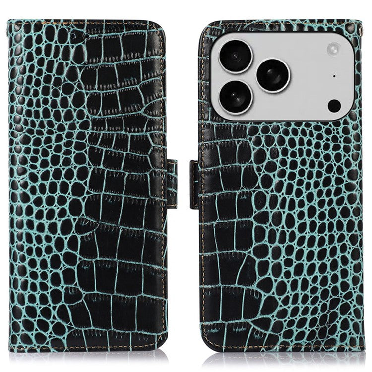 For iPhone 17 Pro Case Crocodile Texture Genuine Cow Leather Phone Wallet Cover - Green