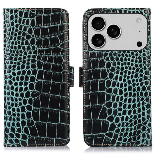 For iPhone 17 Pro Case Crocodile Texture Genuine Cow Leather Phone Wallet Cover - Green
