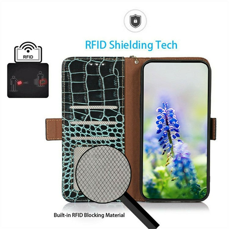 For iPhone 17 Pro Case Crocodile Texture Genuine Cow Leather Phone Wallet Cover - Green