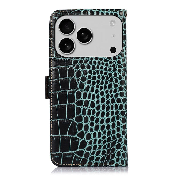 For iPhone 17 Pro Case Crocodile Texture Genuine Cow Leather Phone Wallet Cover - Green