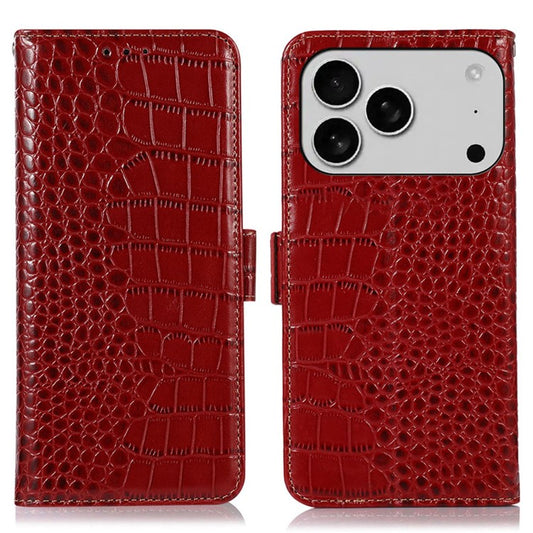 For iPhone 17 Pro Case Crocodile Texture Genuine Cow Leather Phone Wallet Cover - Red