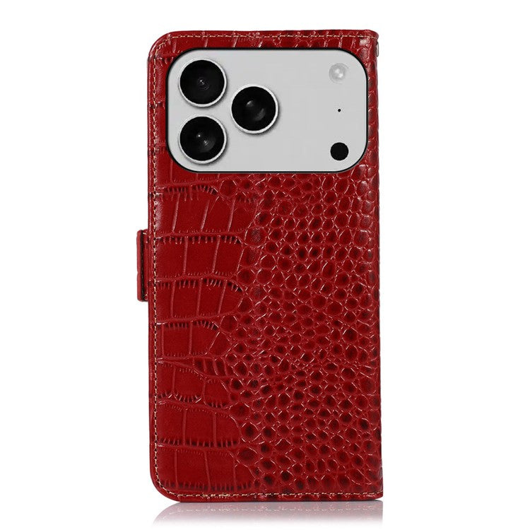 For iPhone 17 Pro Case Crocodile Texture Genuine Cow Leather Phone Wallet Cover - Red