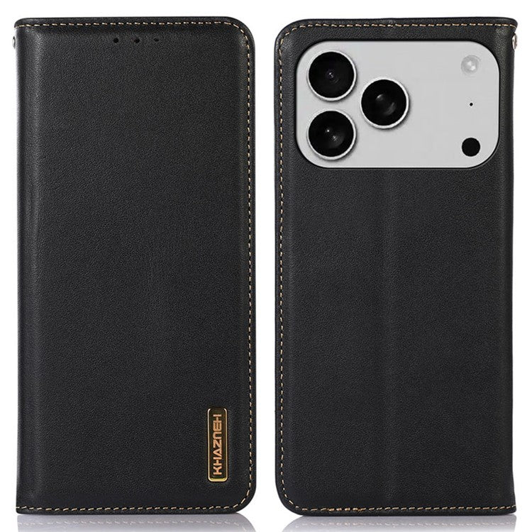 KHAZNEH For iPhone 17 Pro Case Wallet Genuine Cow Leather Phone Cover Nappa Texture - Black