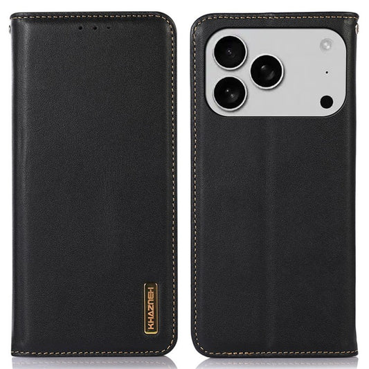 KHAZNEH For iPhone 17 Pro Case Wallet Genuine Cow Leather Phone Cover Nappa Texture - Black
