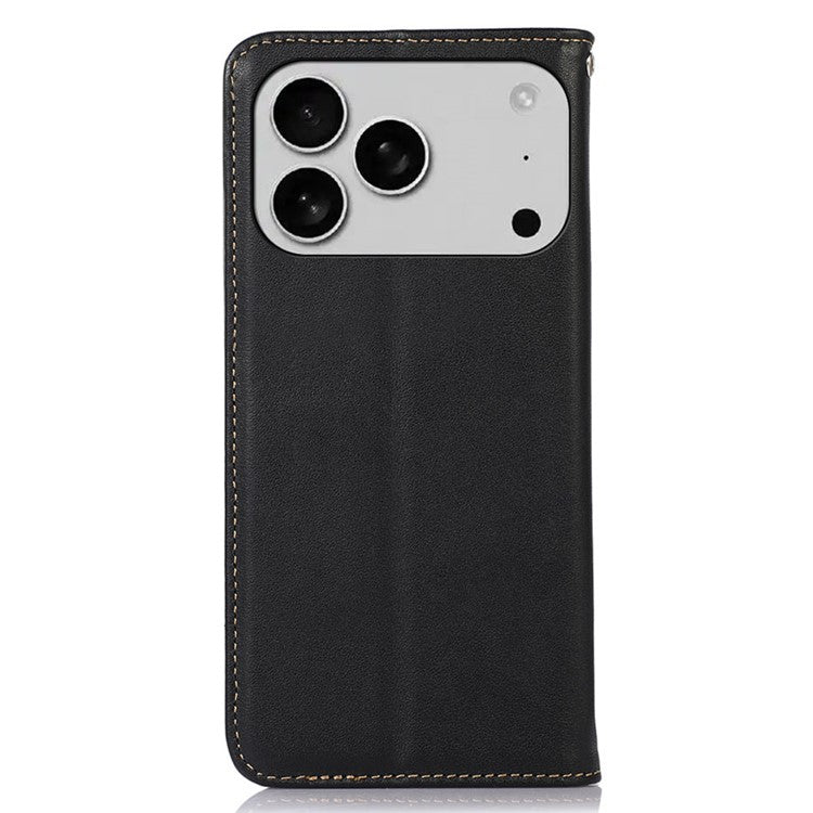 KHAZNEH For iPhone 17 Pro Case Wallet Genuine Cow Leather Phone Cover Nappa Texture - Black