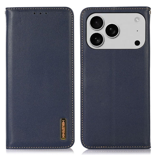 KHAZNEH For iPhone 17 Pro Case Wallet Genuine Cow Leather Phone Cover Nappa Texture - Blue
