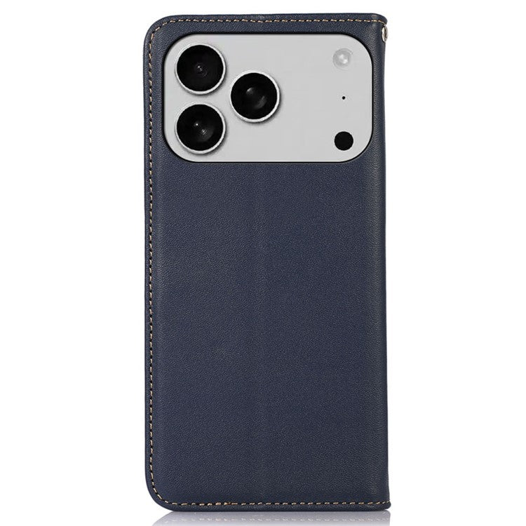 KHAZNEH For iPhone 17 Pro Case Wallet Genuine Cow Leather Phone Cover Nappa Texture - Blue