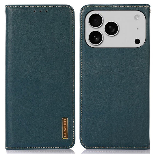 KHAZNEH For iPhone 17 Pro Case Wallet Genuine Cow Leather Phone Cover Nappa Texture - Green