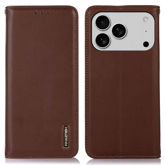 KHAZNEH For iPhone 17 Pro Case Wallet Genuine Cow Leather Phone Cover Nappa Texture - Brown