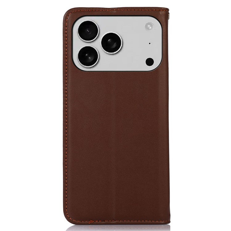 KHAZNEH For iPhone 17 Pro Case Wallet Genuine Cow Leather Phone Cover Nappa Texture - Brown
