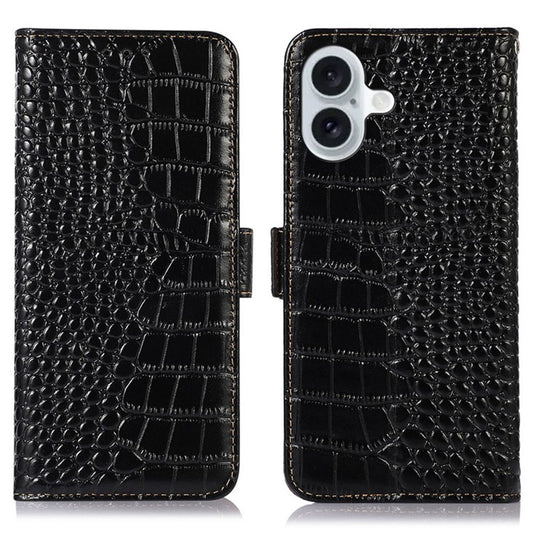 For iPhone 17 Case Crocodile Texture Genuine Cow Leather Phone Wallet Cover - Black