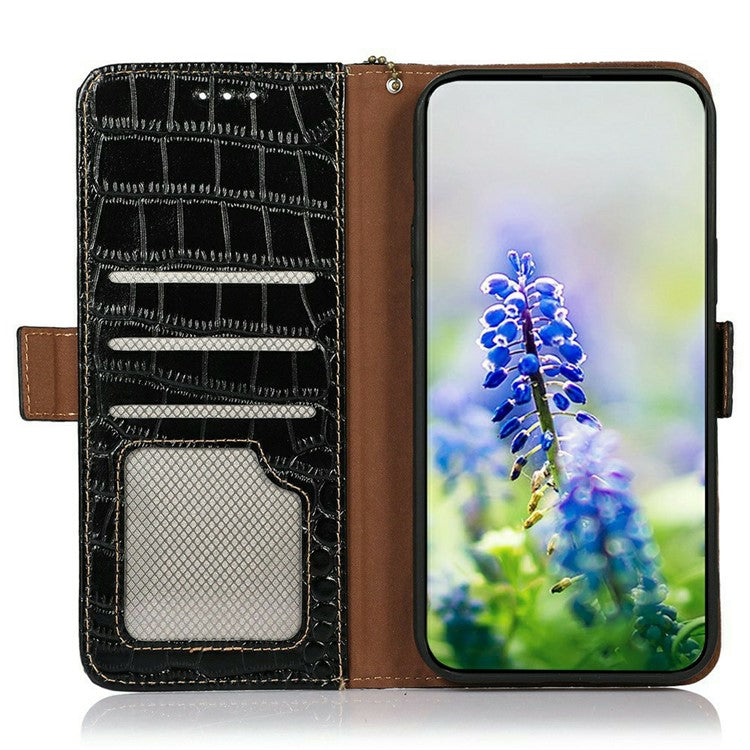 For iPhone 17 Case Crocodile Texture Genuine Cow Leather Phone Wallet Cover - Black