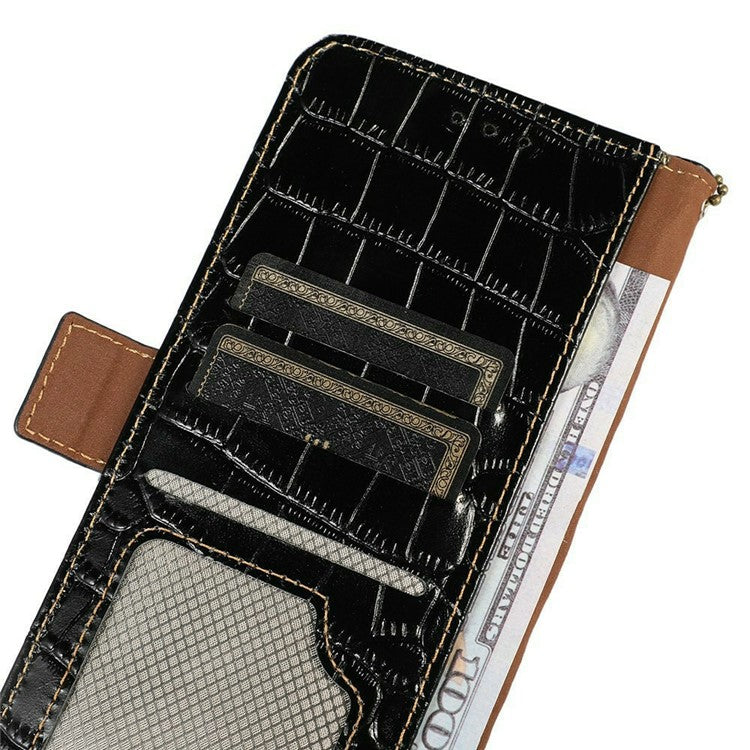 For iPhone 17 Case Crocodile Texture Genuine Cow Leather Phone Wallet Cover - Black