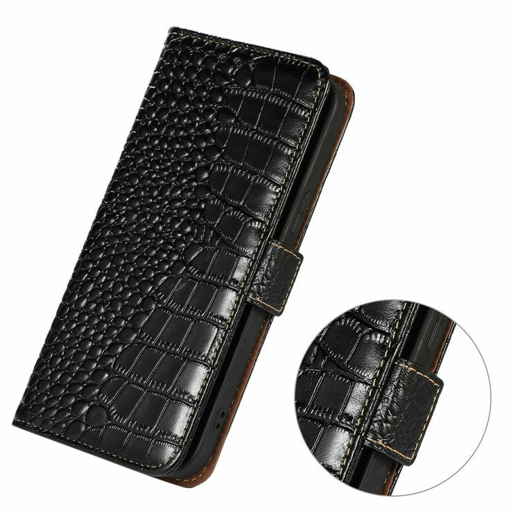 For iPhone 17 Case Crocodile Texture Genuine Cow Leather Phone Wallet Cover - Black