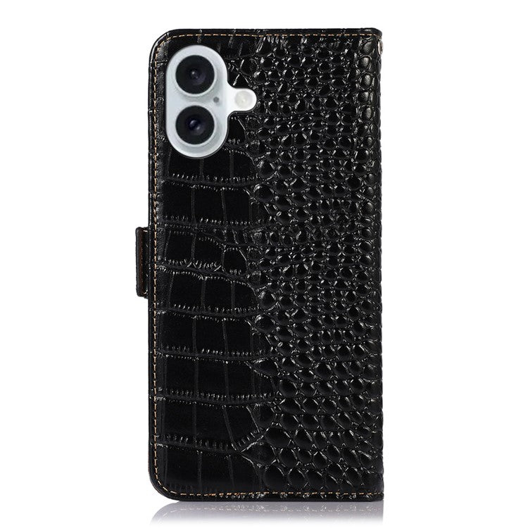 For iPhone 17 Case Crocodile Texture Genuine Cow Leather Phone Wallet Cover - Black