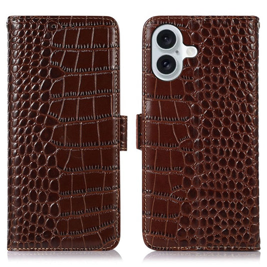 For iPhone 17 Case Crocodile Texture Genuine Cow Leather Phone Wallet Cover - Brown
