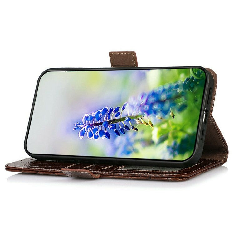 For iPhone 17 Case Crocodile Texture Genuine Cow Leather Phone Wallet Cover - Brown