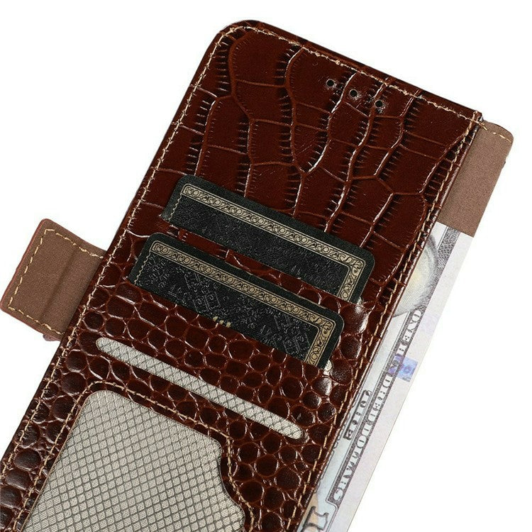 For iPhone 17 Case Crocodile Texture Genuine Cow Leather Phone Wallet Cover - Brown