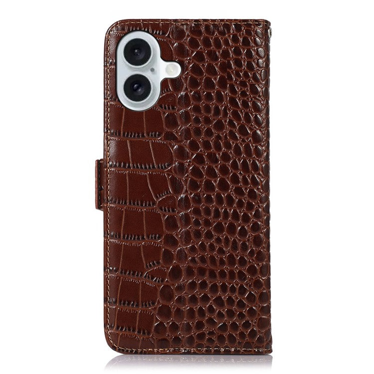 For iPhone 17 Case Crocodile Texture Genuine Cow Leather Phone Wallet Cover - Brown