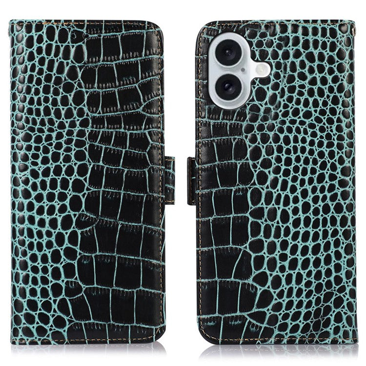 For iPhone 17 Case Crocodile Texture Genuine Cow Leather Phone Wallet Cover - Green