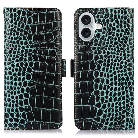 For iPhone 17 Case Crocodile Texture Genuine Cow Leather Phone Wallet Cover - Green
