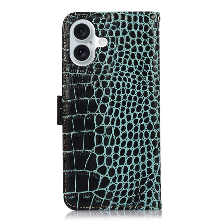 For iPhone 17 Case Crocodile Texture Genuine Cow Leather Phone Wallet Cover - Green