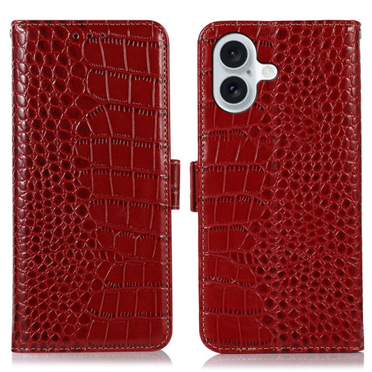 For iPhone 17 Case Crocodile Texture Genuine Cow Leather Phone Wallet Cover - Red
