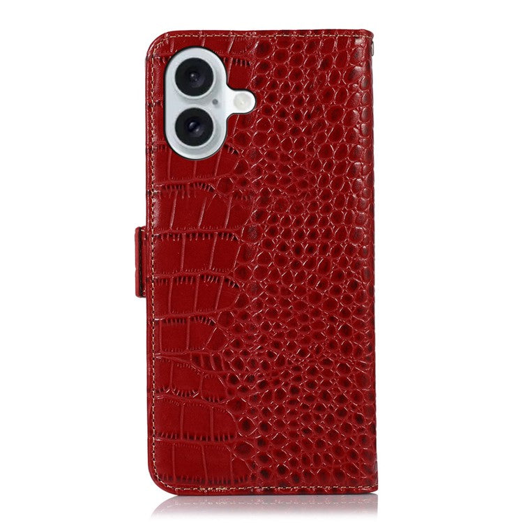 For iPhone 17 Case Crocodile Texture Genuine Cow Leather Phone Wallet Cover - Red