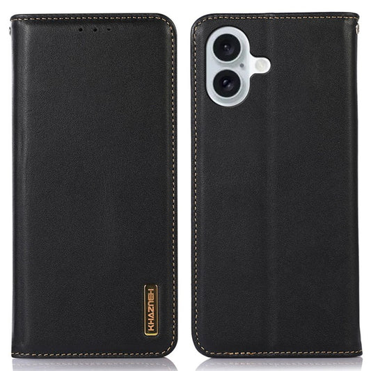 KHAZNEH For iPhone 17 Case Wallet Genuine Cow Leather Phone Cover Nappa Texture - Black