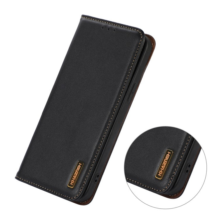 KHAZNEH For iPhone 17 Case Wallet Genuine Cow Leather Phone Cover Nappa Texture - Black