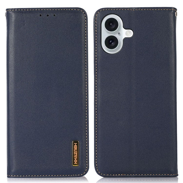KHAZNEH For iPhone 17 Case Wallet Genuine Cow Leather Phone Cover Nappa Texture - Blue