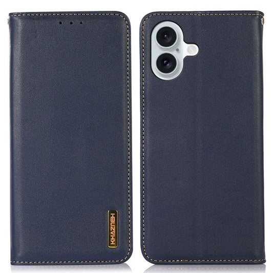 KHAZNEH For iPhone 17 Case Wallet Genuine Cow Leather Phone Cover Nappa Texture - Blue