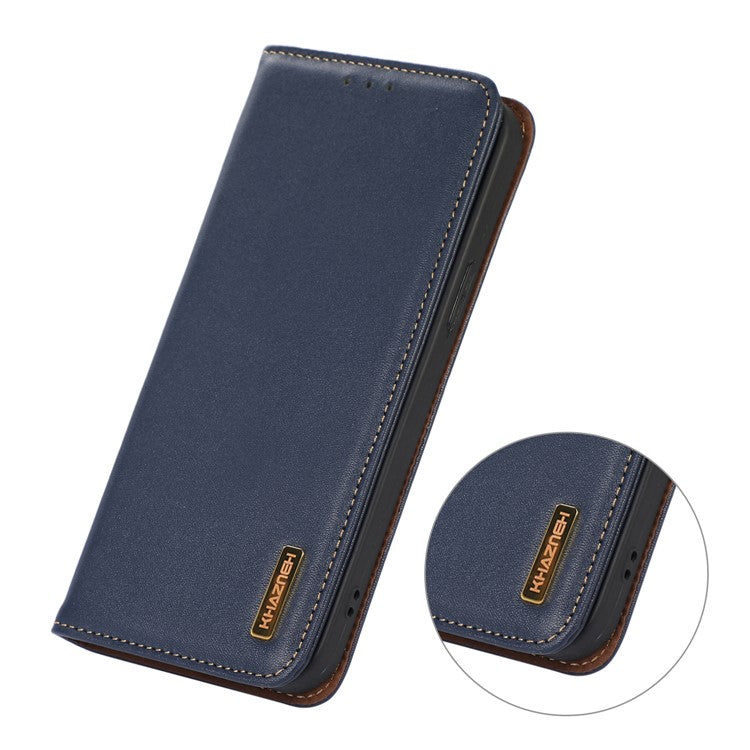 KHAZNEH For iPhone 17 Case Wallet Genuine Cow Leather Phone Cover Nappa Texture - Blue