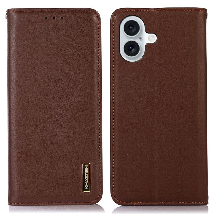 KHAZNEH For iPhone 17 Case Wallet Genuine Cow Leather Phone Cover Nappa Texture - Brown