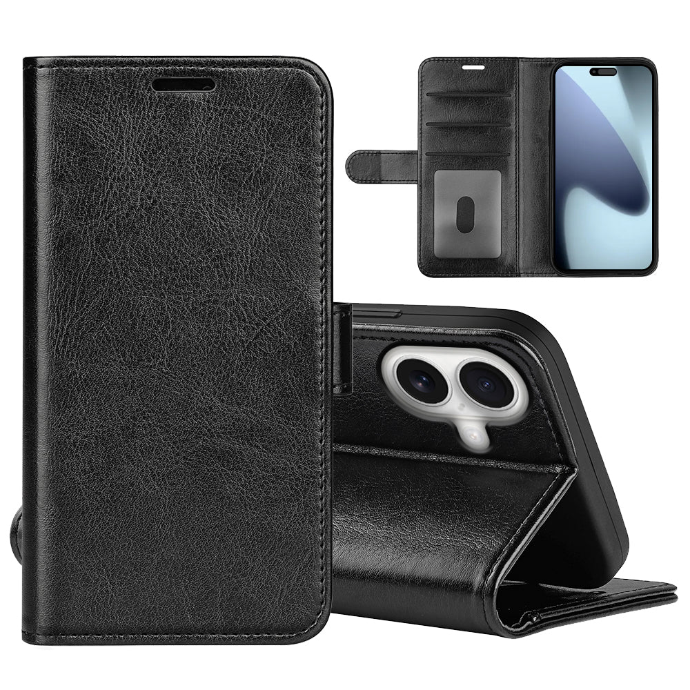 For iPhone 17 Case Crazy Horse Texture Stand Leather Phone Cover - Black