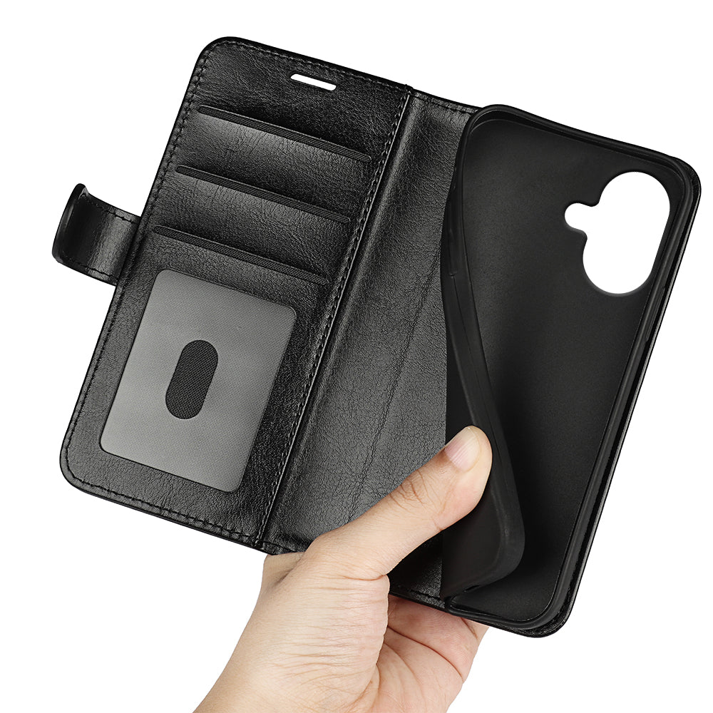 For iPhone 17 Case Crazy Horse Texture Stand Leather Phone Cover - Black