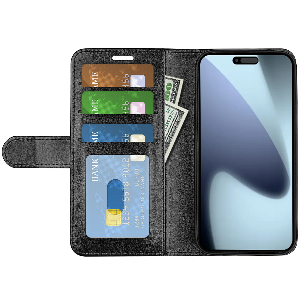 For iPhone 17 Case Crazy Horse Texture Stand Leather Phone Cover - Black