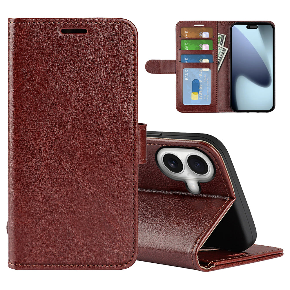 For iPhone 17 Case Crazy Horse Texture Stand Leather Phone Cover - Brown