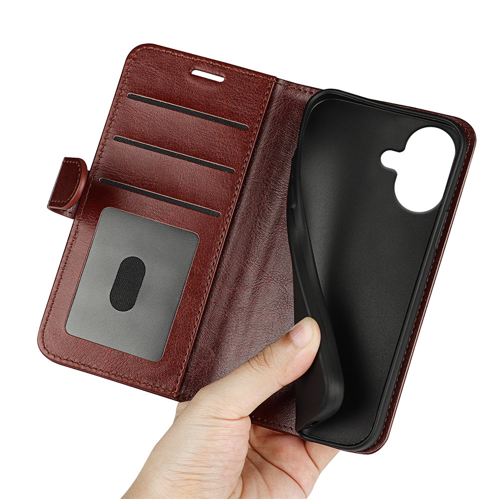 For iPhone 17 Case Crazy Horse Texture Stand Leather Phone Cover - Brown